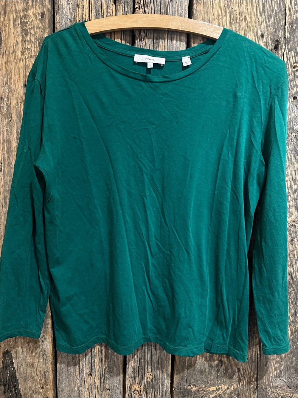 Vince Pima Cotton Long Sleeve Crewneck Tee — Emerald Green — Size Small